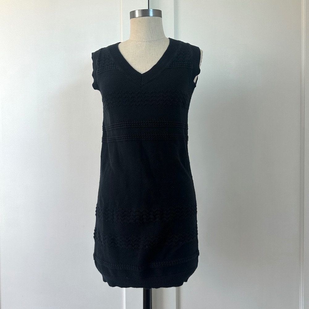 Vintage APC Rue Madame Paris Black‎ Textured Knit Cotton V-Neck Sweater Dress XS
